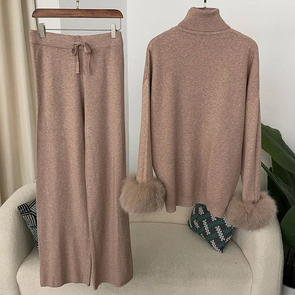 Women's Knit Long-Sleeve Zip-Front Top and Pants Set with Fox-Fur Cuff Trim