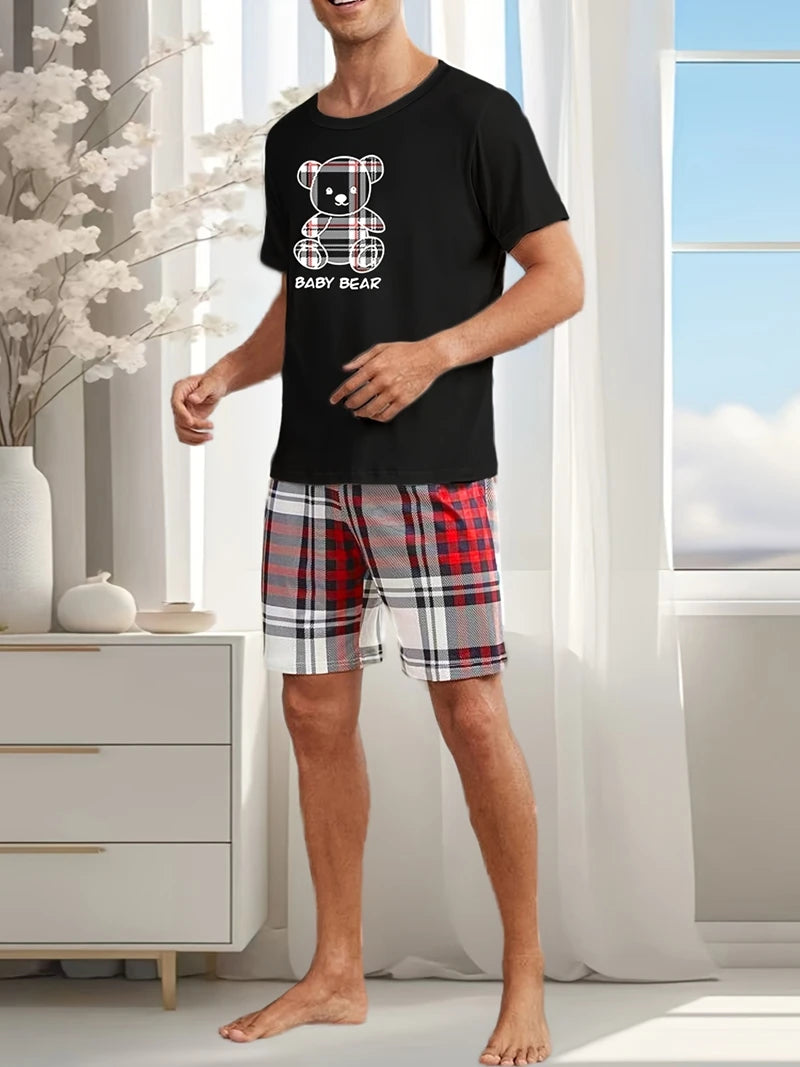 Men's Bear Print T Shirt and Shorts Pajama Set