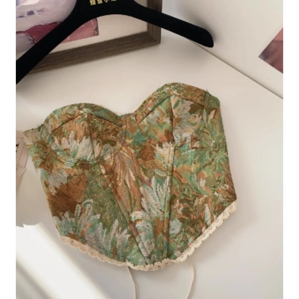 Women's Floral Tapestry Print Polyester Bustier Crop Top with Lace Up Back