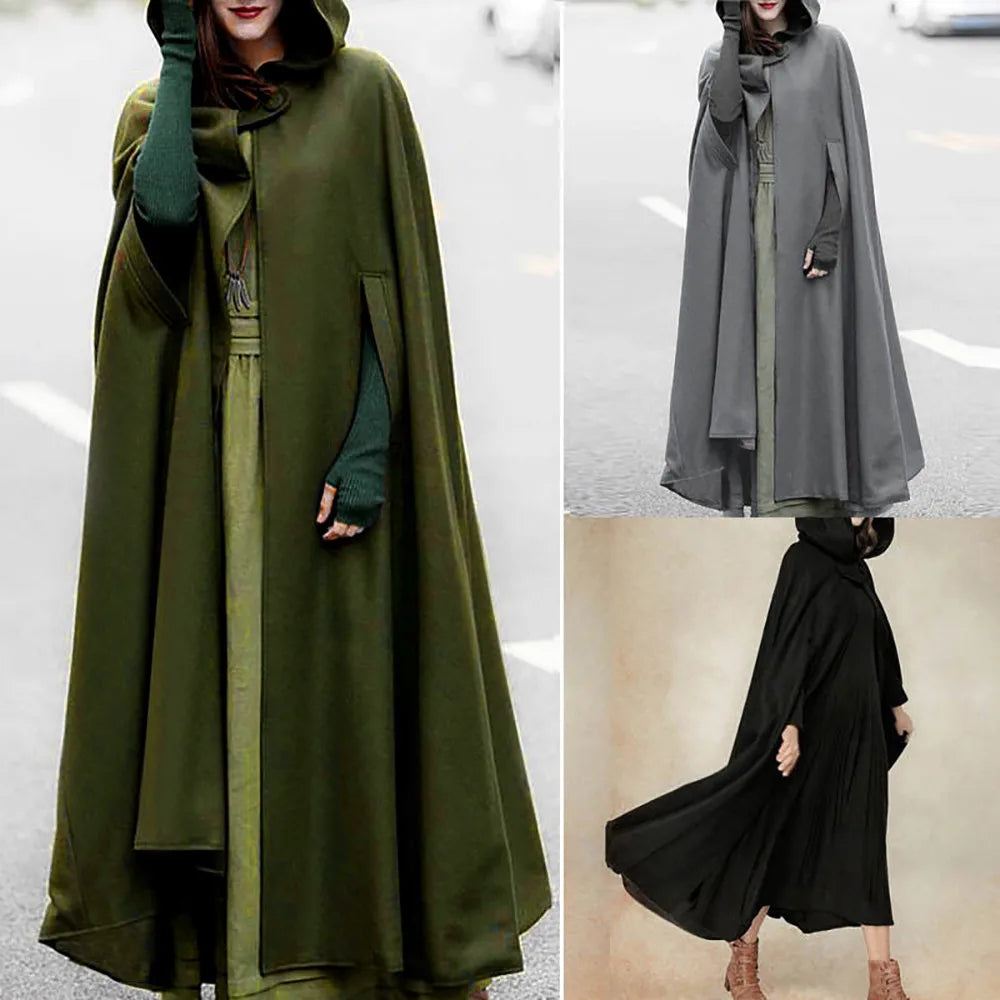 Long Hooded Button Front Cape for Layering over Outfits