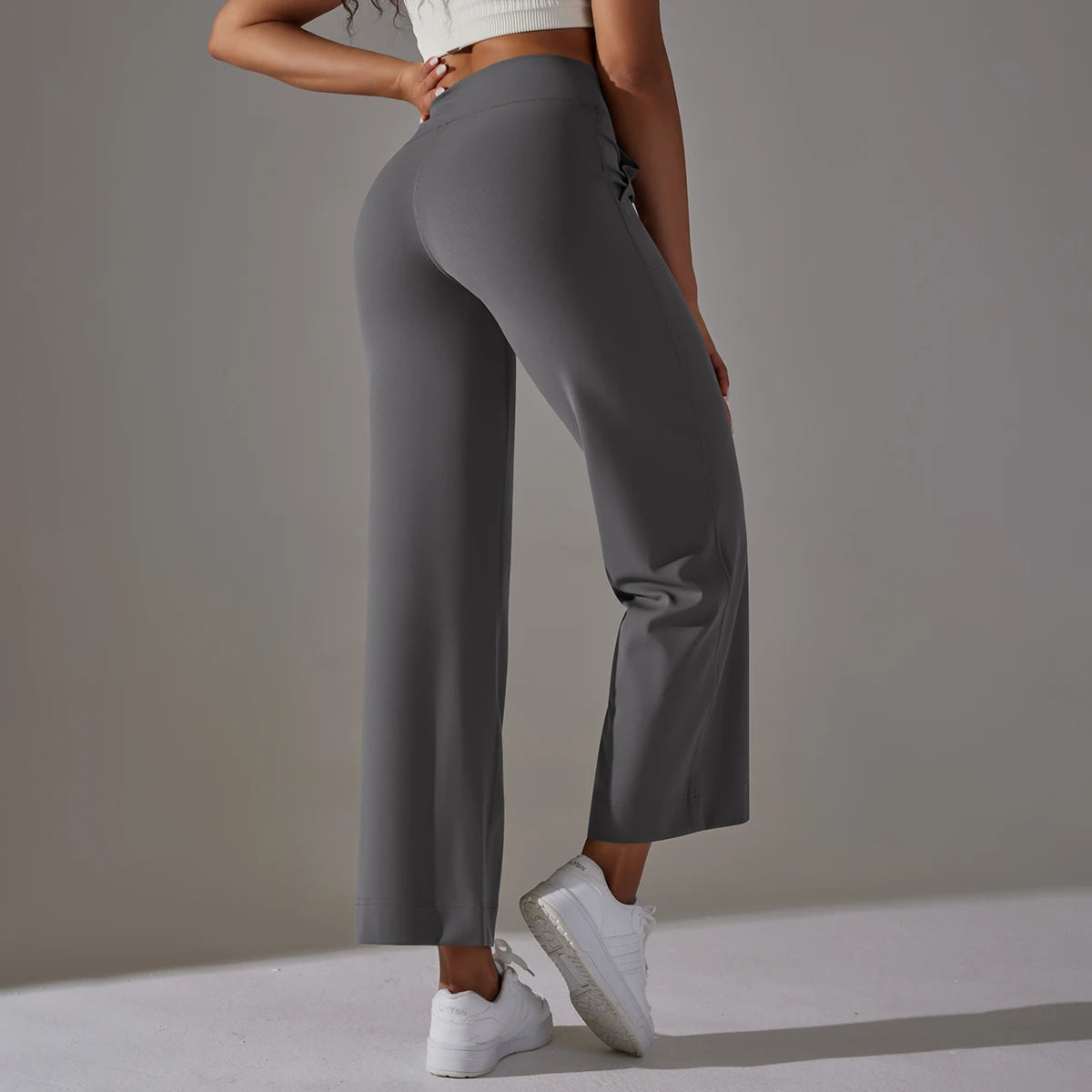Women's Drawstring Waist Nylon Blend Cropped Wide Leg Pants with Side Pockets