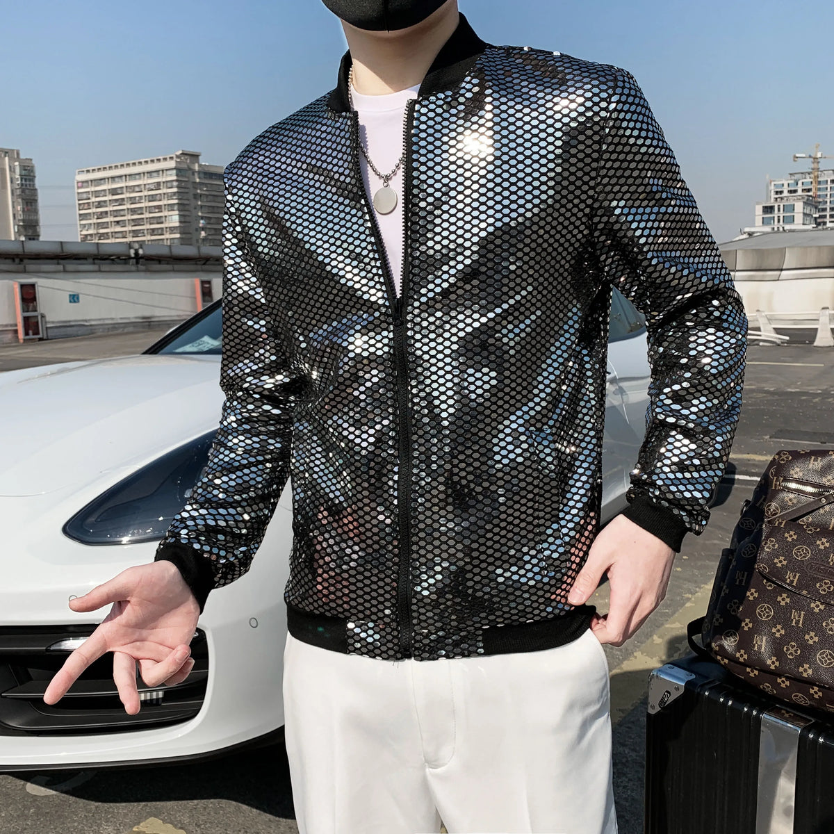 Metallic Finish Long Sleeve Front Zip Casual Bomber Jacket