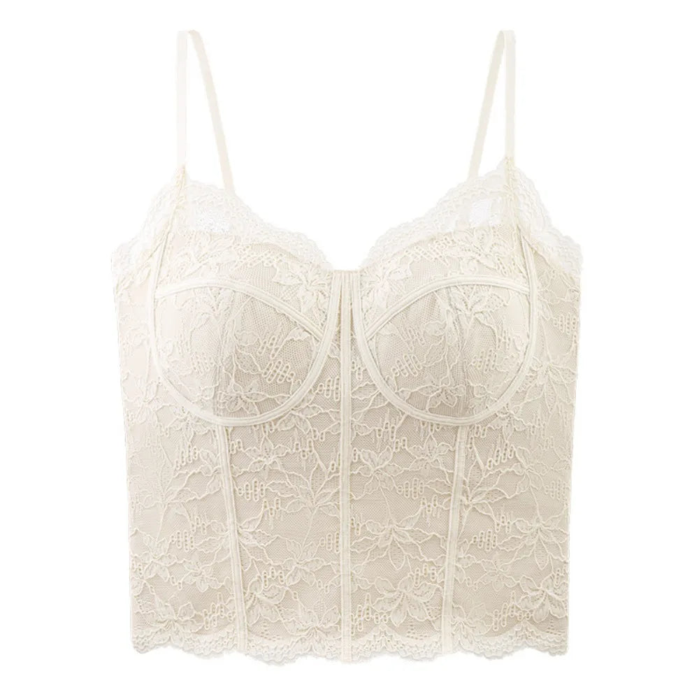 Women's Floral Lace Crop Top with Thin Shoulder Straps and Chest Pads