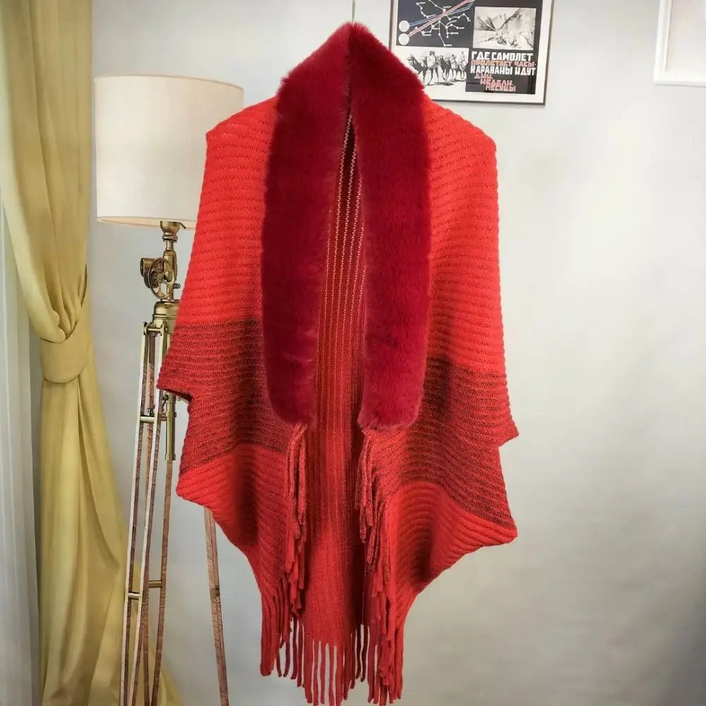 Plush Collar Ribbed Fringe Poncho for Layering over Outfits