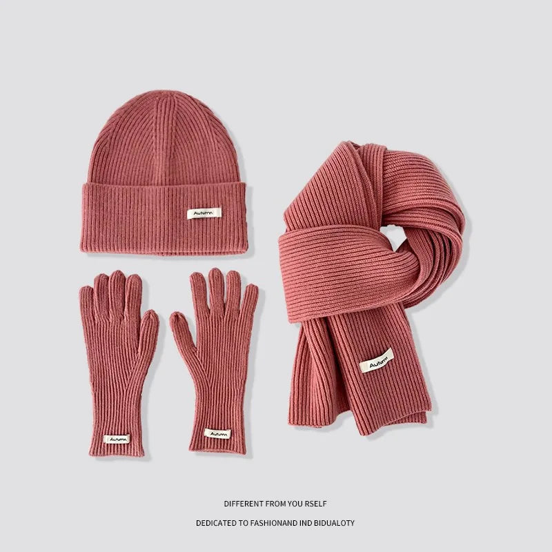 Women's Solid Knitted Hat Scarf and Gloves Set for Winter Outfits