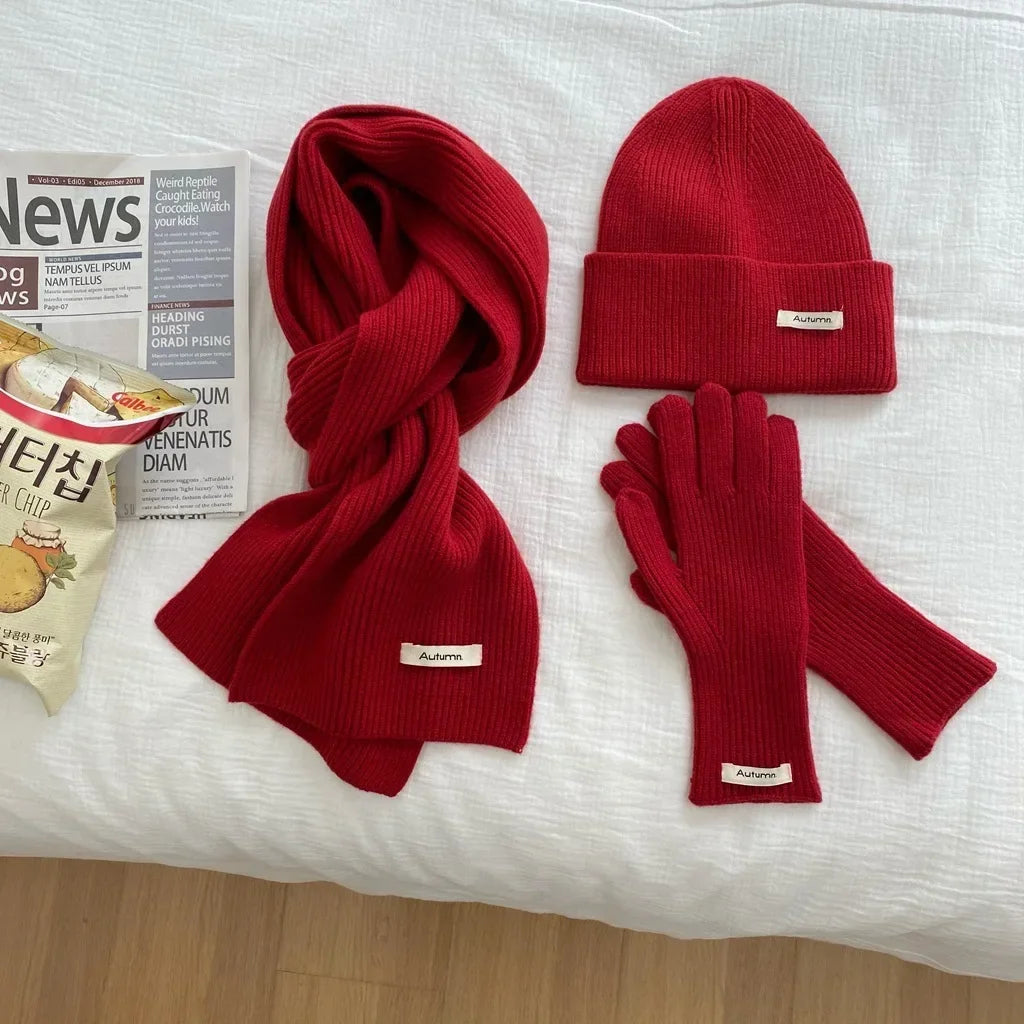 Women's Solid Knitted Hat Scarf and Gloves Set for Winter Wear