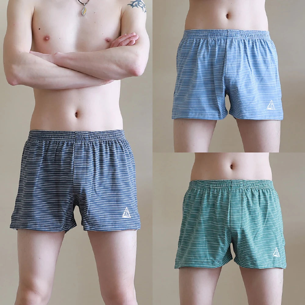 Men's Striped Elastic Waist Boxer Style Sleep Shorts