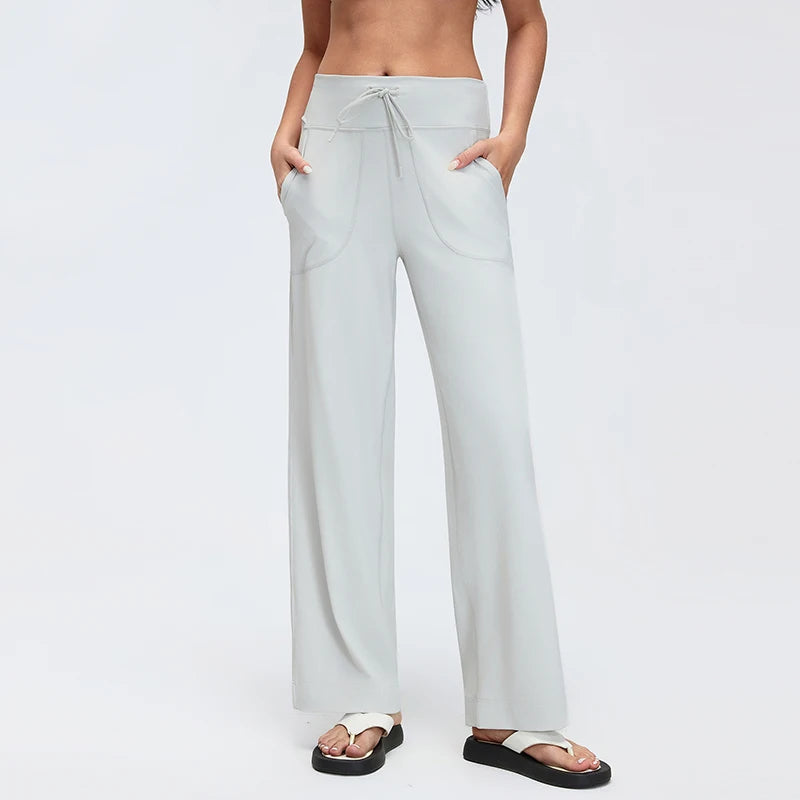 Women's Drawstring Waist Nylon Blend Wide Leg Pants with Length Options