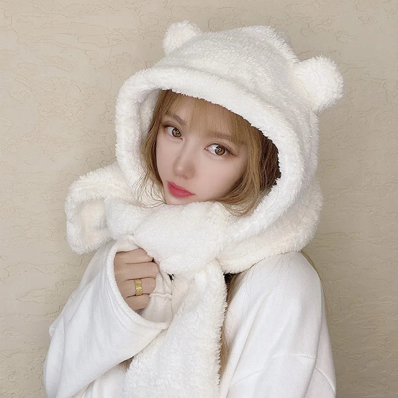 Women's Bear Plush Integrated Hat Scarf and Gloves Set for Winter