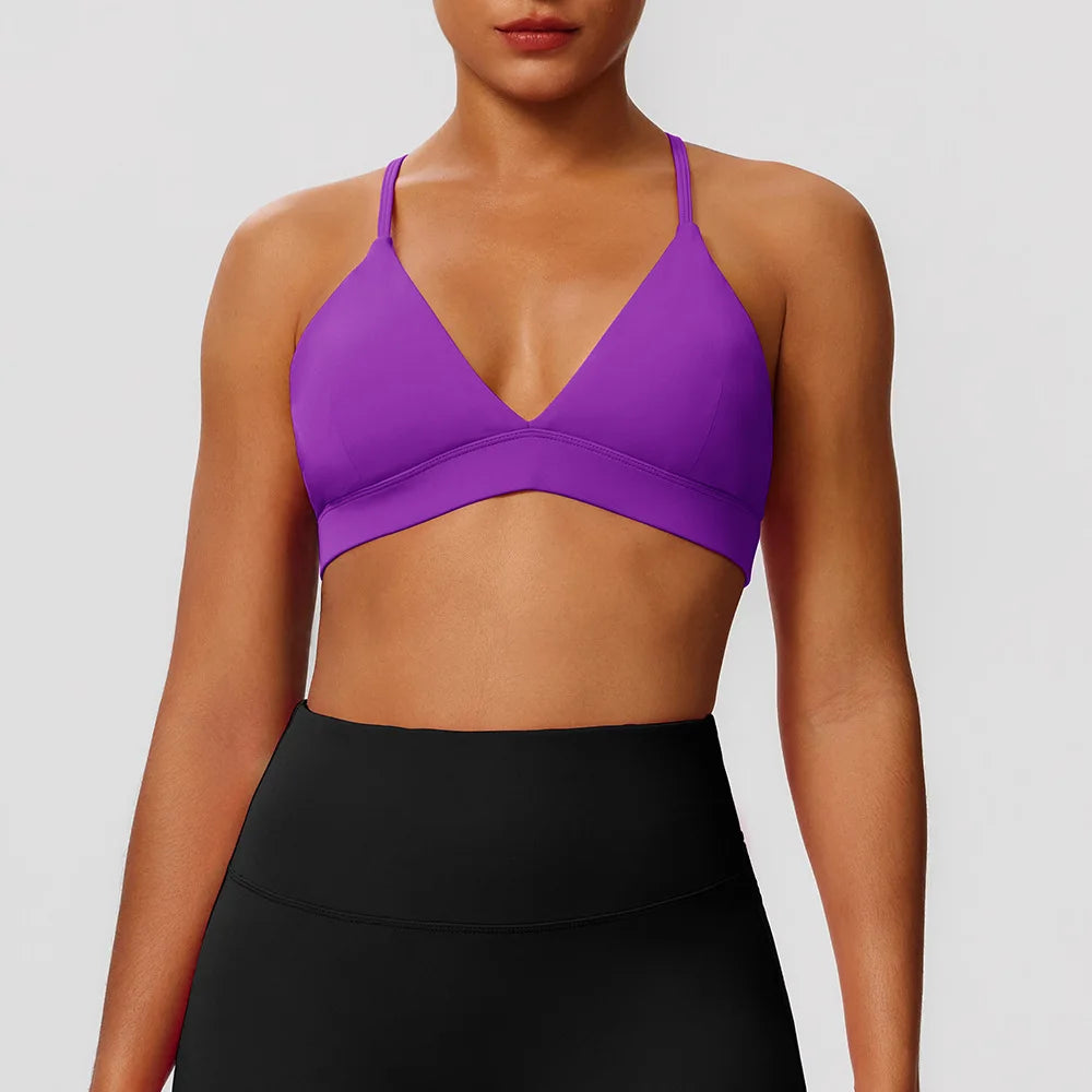 Women's V Neck Thin Strap Cross Back Sports Bra