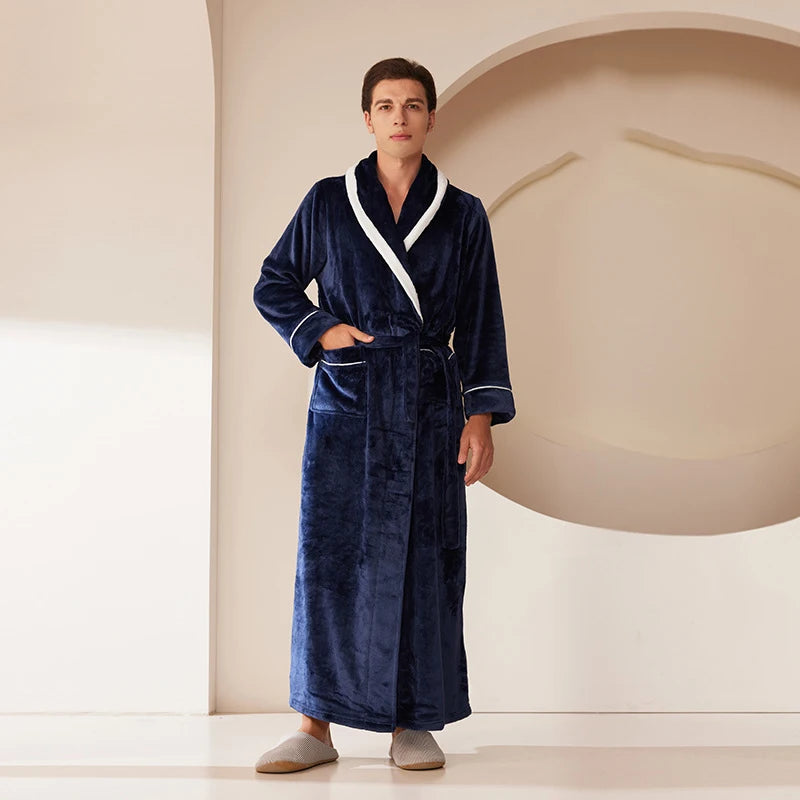 Long Flannel Fleece Tie Waist Bathrobe with Pockets
