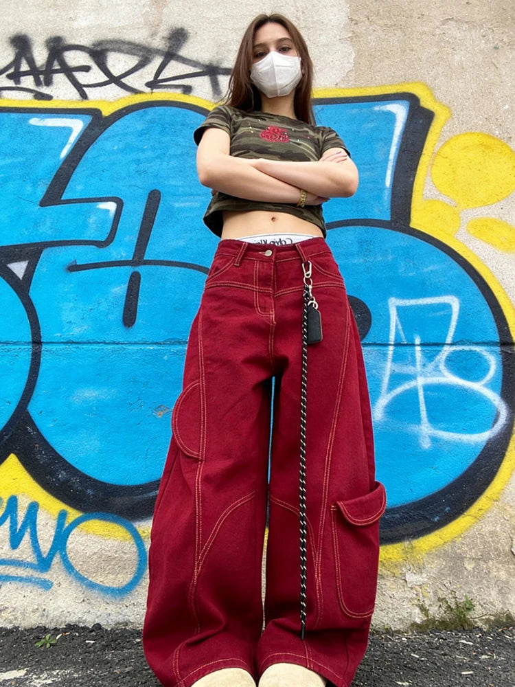 Women's Red Cargo Pocket Wide Leg Denim Jeans