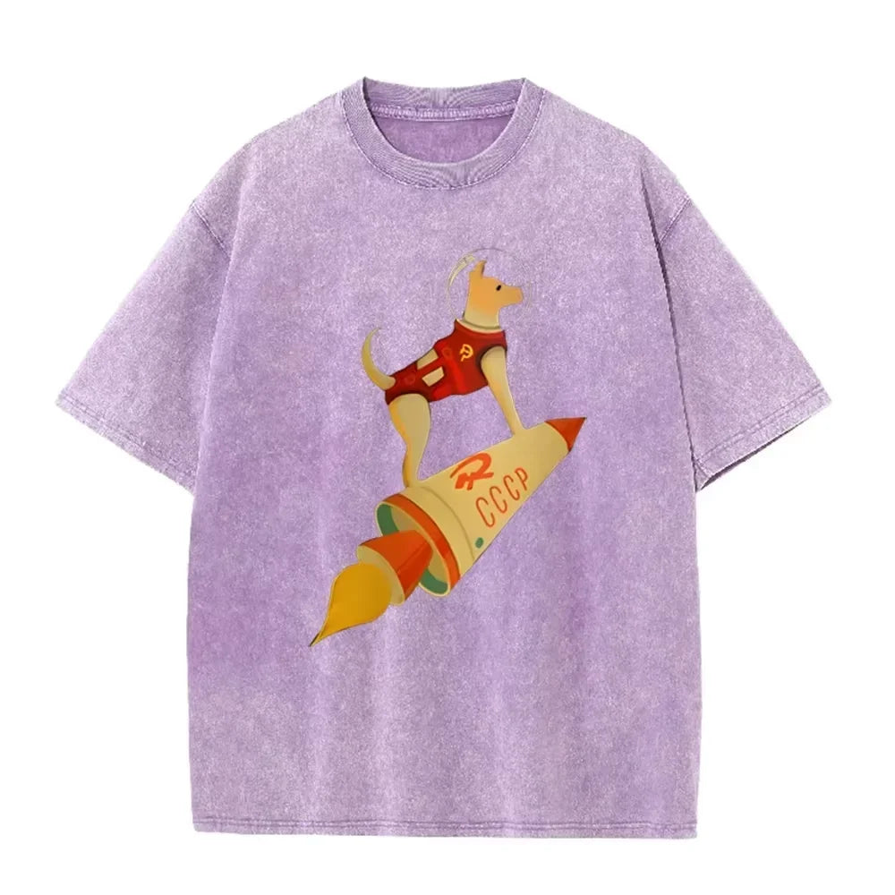 Vintage Washed Gray Tshirt CCCP Laika Space Dog Rocket Cartoon Print Loose Short Sleeve Retro Soviet Casual Tee