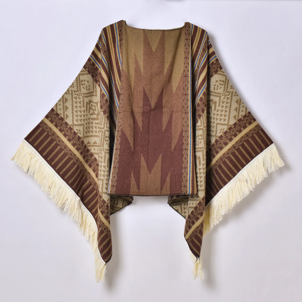 Geometric Pattern Fringe Poncho for Layering over Outfits