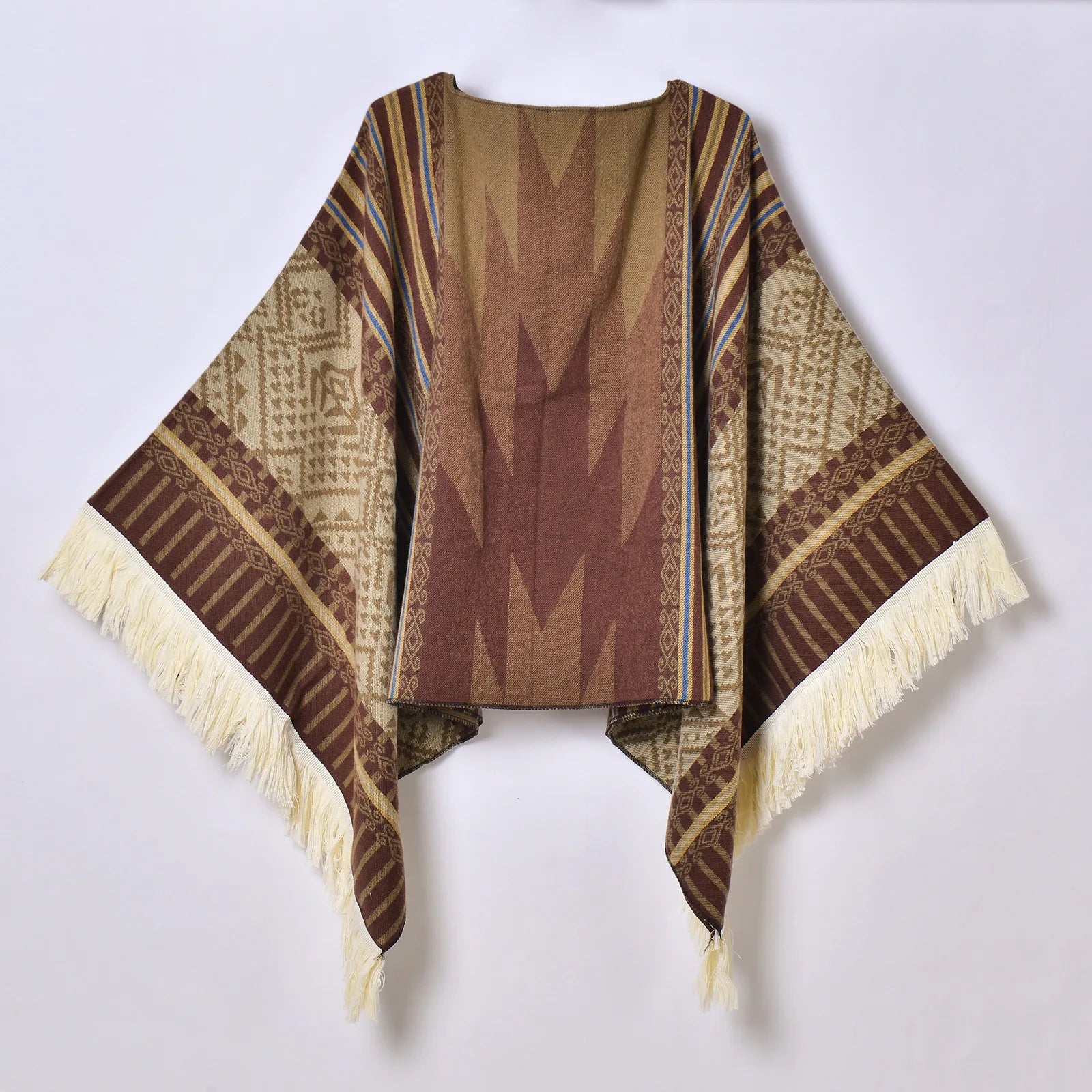 Geometric Pattern Fringe Poncho for Layering over Outfits