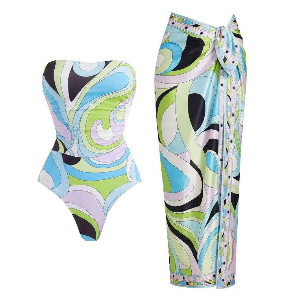 Printed One-Piece Swimsuit with Matching Skirt
