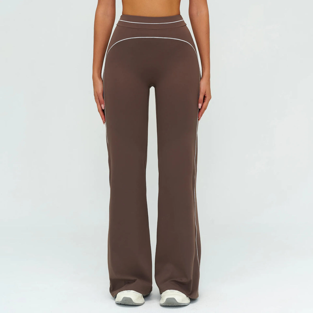 Women's High Waist Flared Workout Pants with Curved Contrast Seam Details