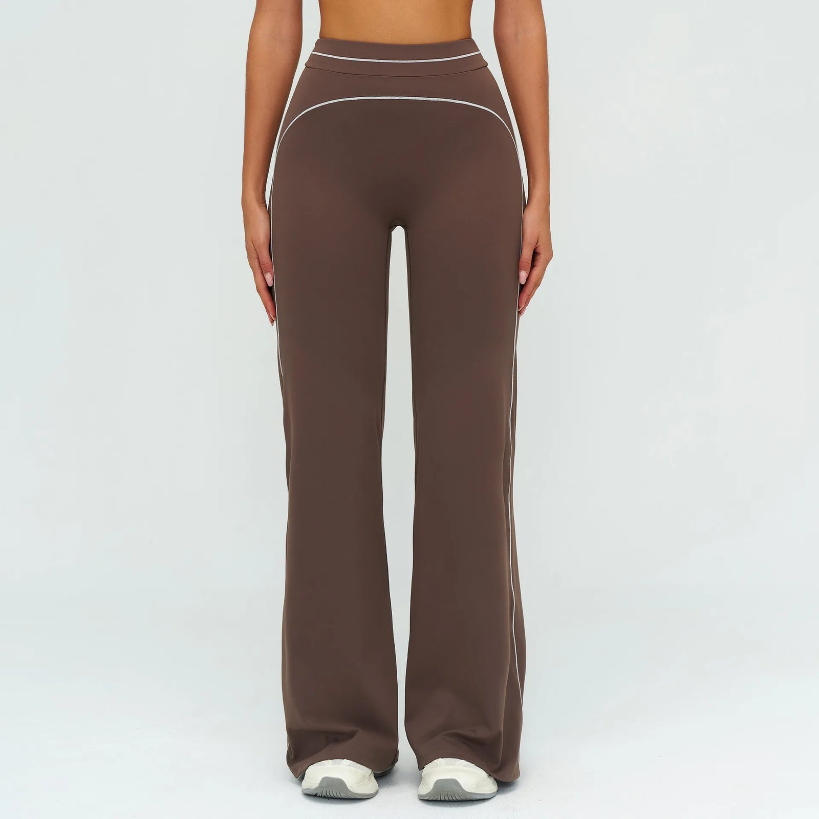 Women's High Waist Flared Workout Pants with Curved Contrast Seam Details