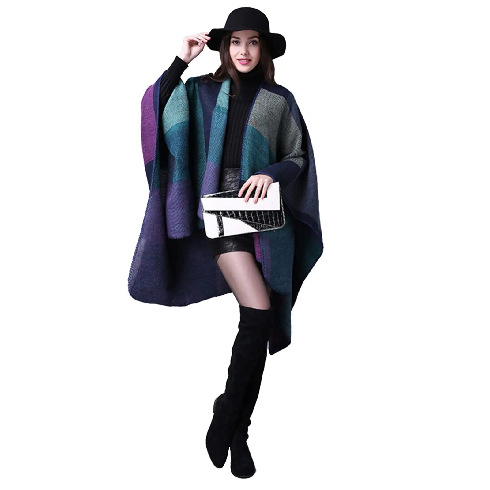 Block Plaid Open Front Poncho for Layering over Outfits