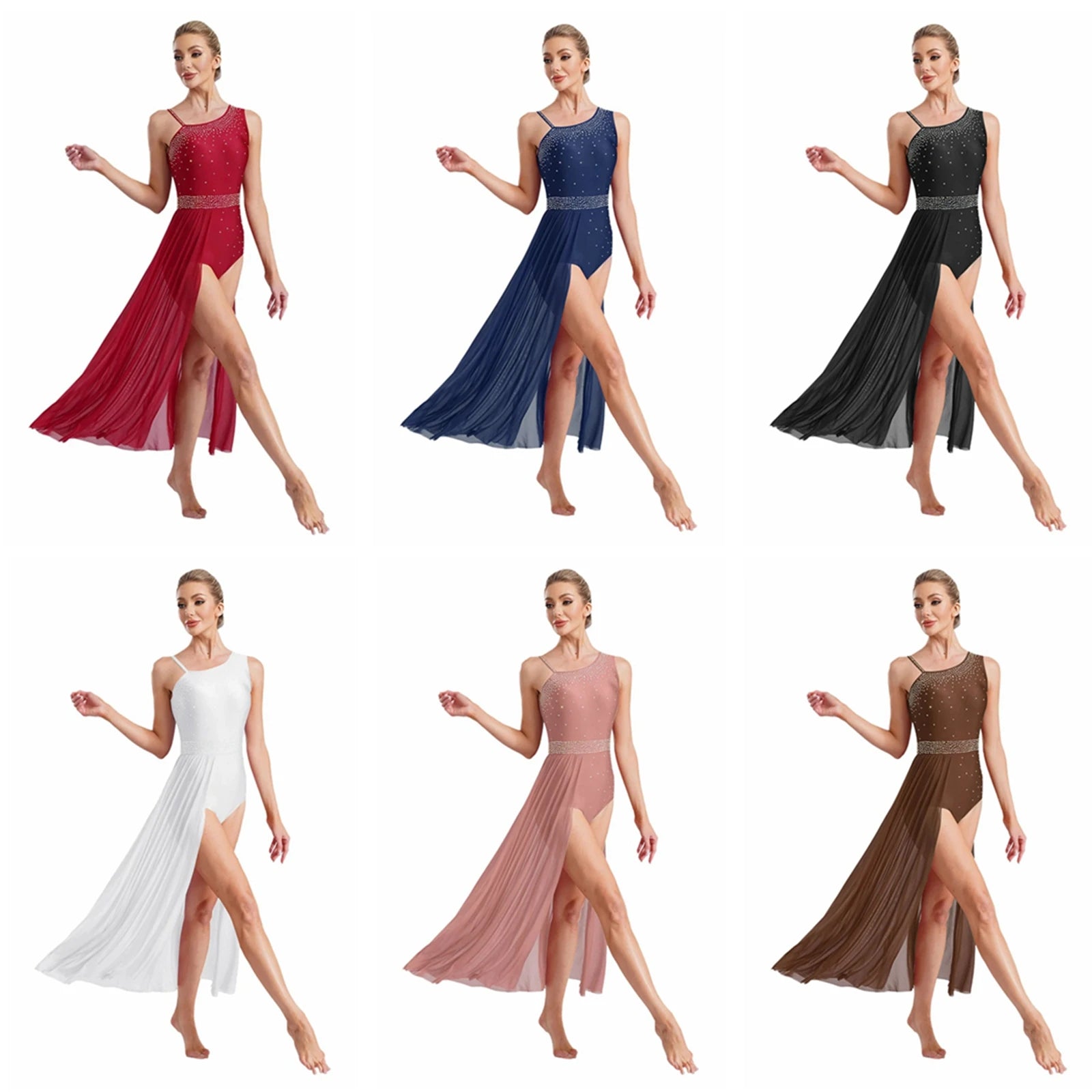 Women's Sleeveless Rhinestone Lyrical Dance Dress with Long Split Mesh Skirt