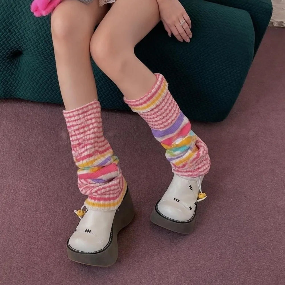Pastel Striped Knit Leg Warmers with Decorative Floral Details