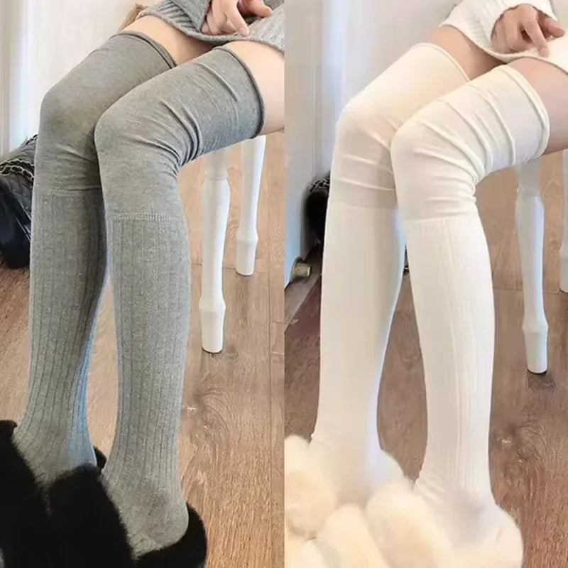 Solid Ribbed Long Socks with Over Knee Styling
