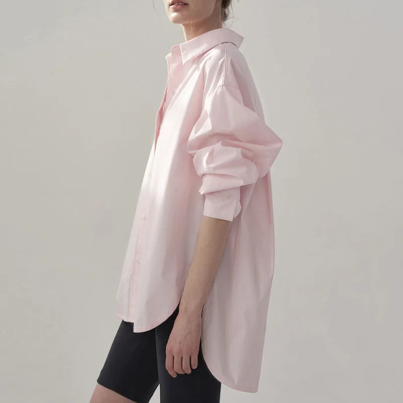 Women's Cotton Long-Sleeve Loose Collared Button-Up Shirt for Casual Everyday Spring Outfits