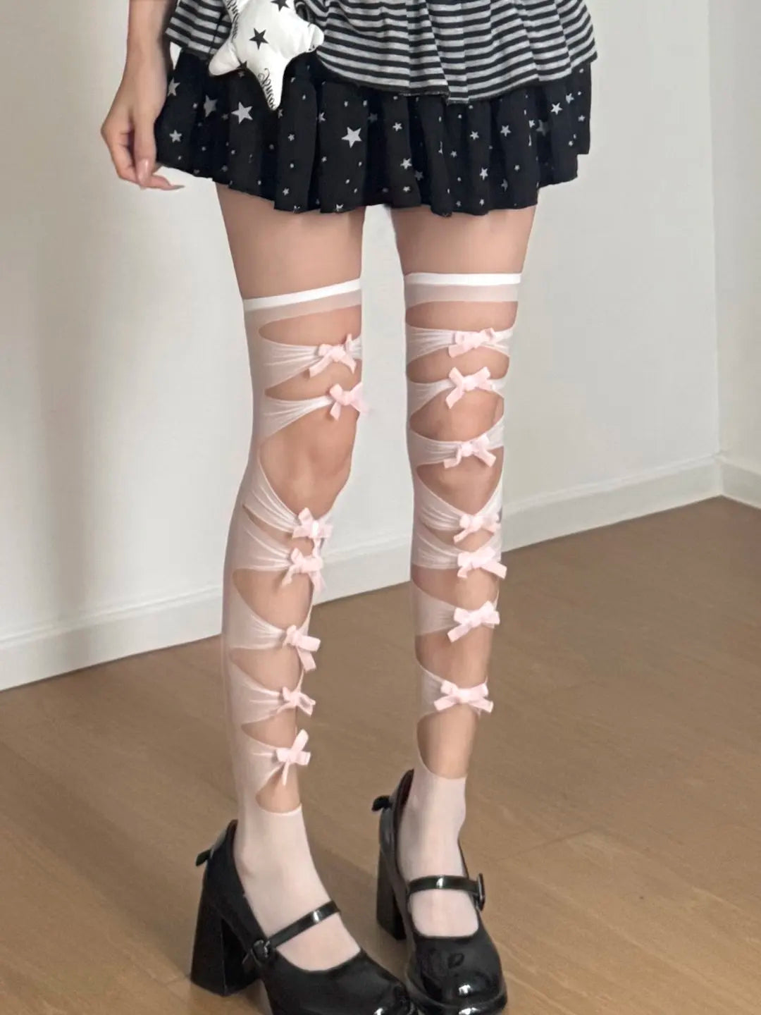 Sheer Lace Up Stockings with Decorative Ribbon Bow Details