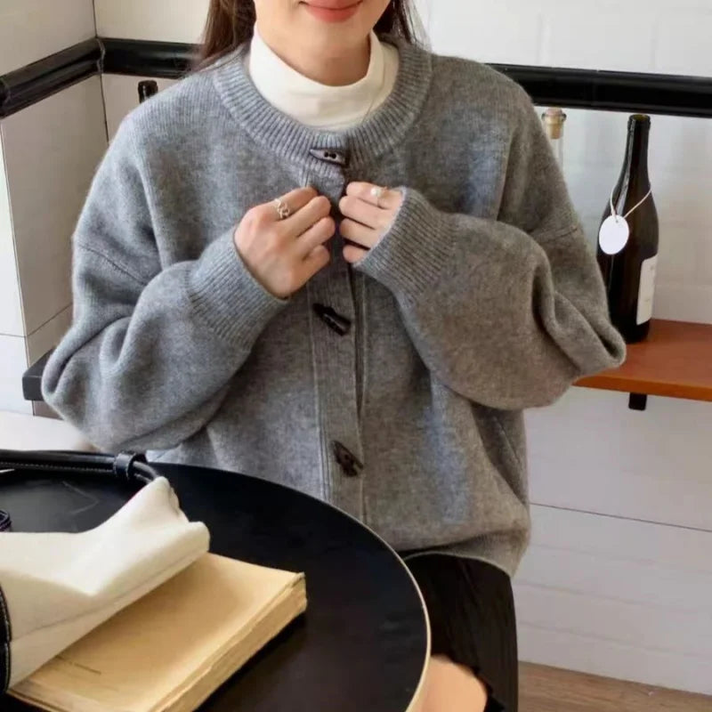 Versatile Crew Neck Autumn and Winter Sweater Wool Coat 100% Pure Cashmere Knitted Cardigan for Women Top