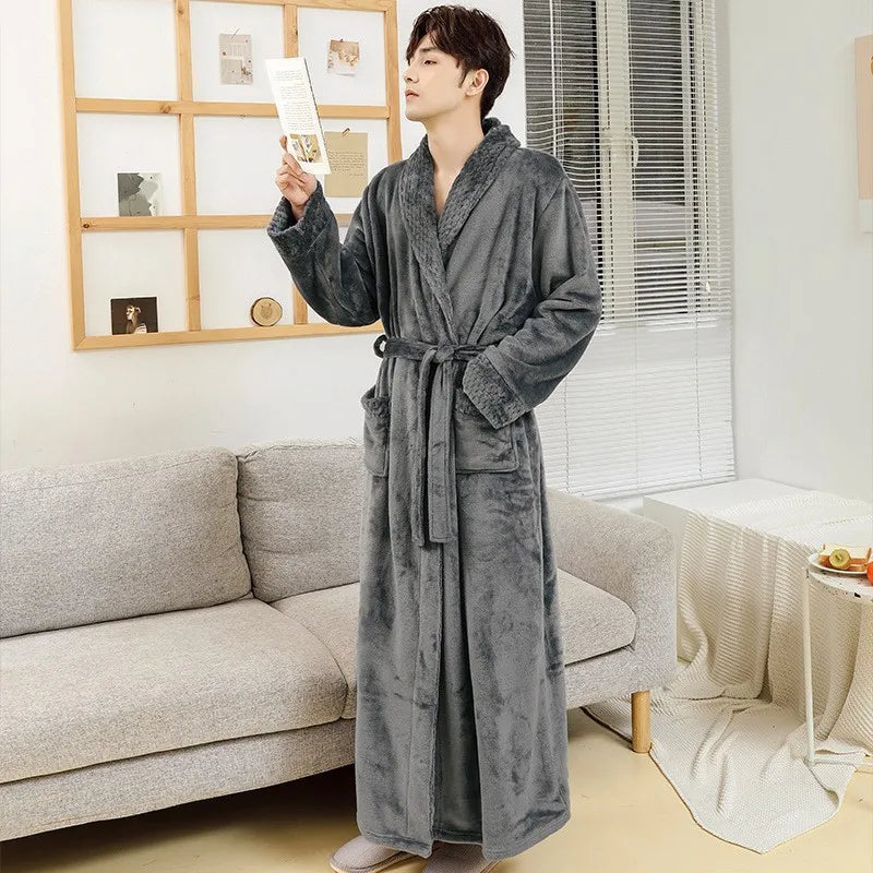Fleece Lapel Collar Long Sleeve Tie Waist Homewear Bathrobe