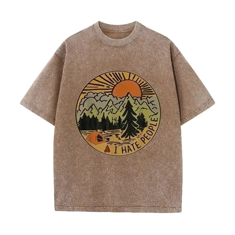 Vintage Camping I Hate People Print Washed Black Casual Outdoor T Shirt