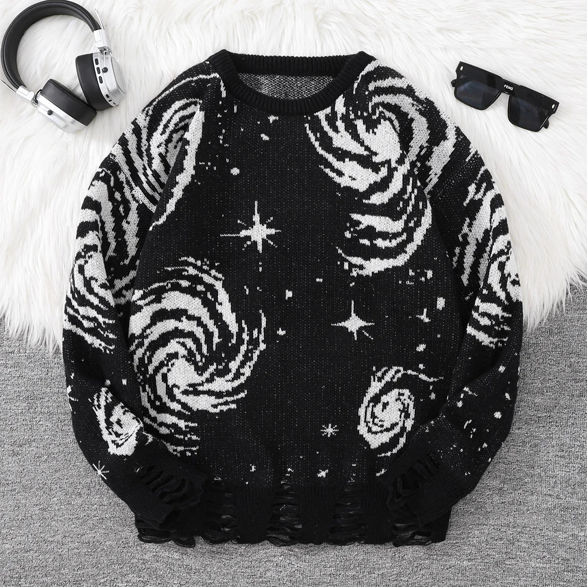 Men's Distressed Graphic Crew Neck Knit Sweater
