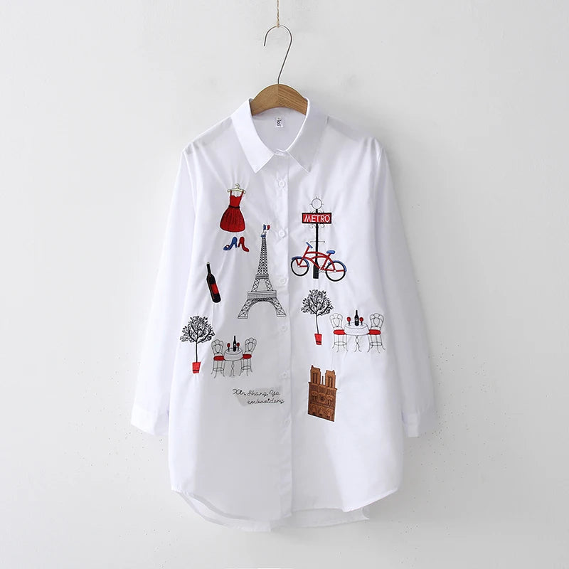 Women's Embroidered Collared Long Sleeve Shirt