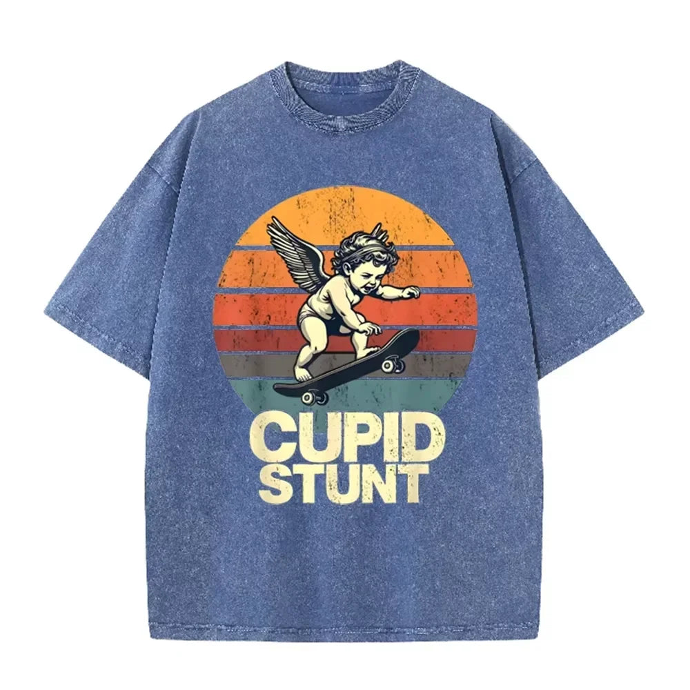 Retro Beige  Cupid Stunt  Skate Graphic Acid Wash Oversized Tee