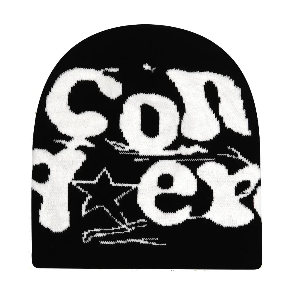 Graphic Knit Beanie with Letter and Pattern Style Options