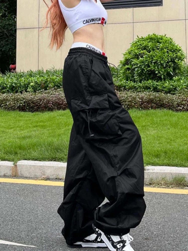 Women's Parachute Cargo Pants with Drawstring Waist and Side Pockets