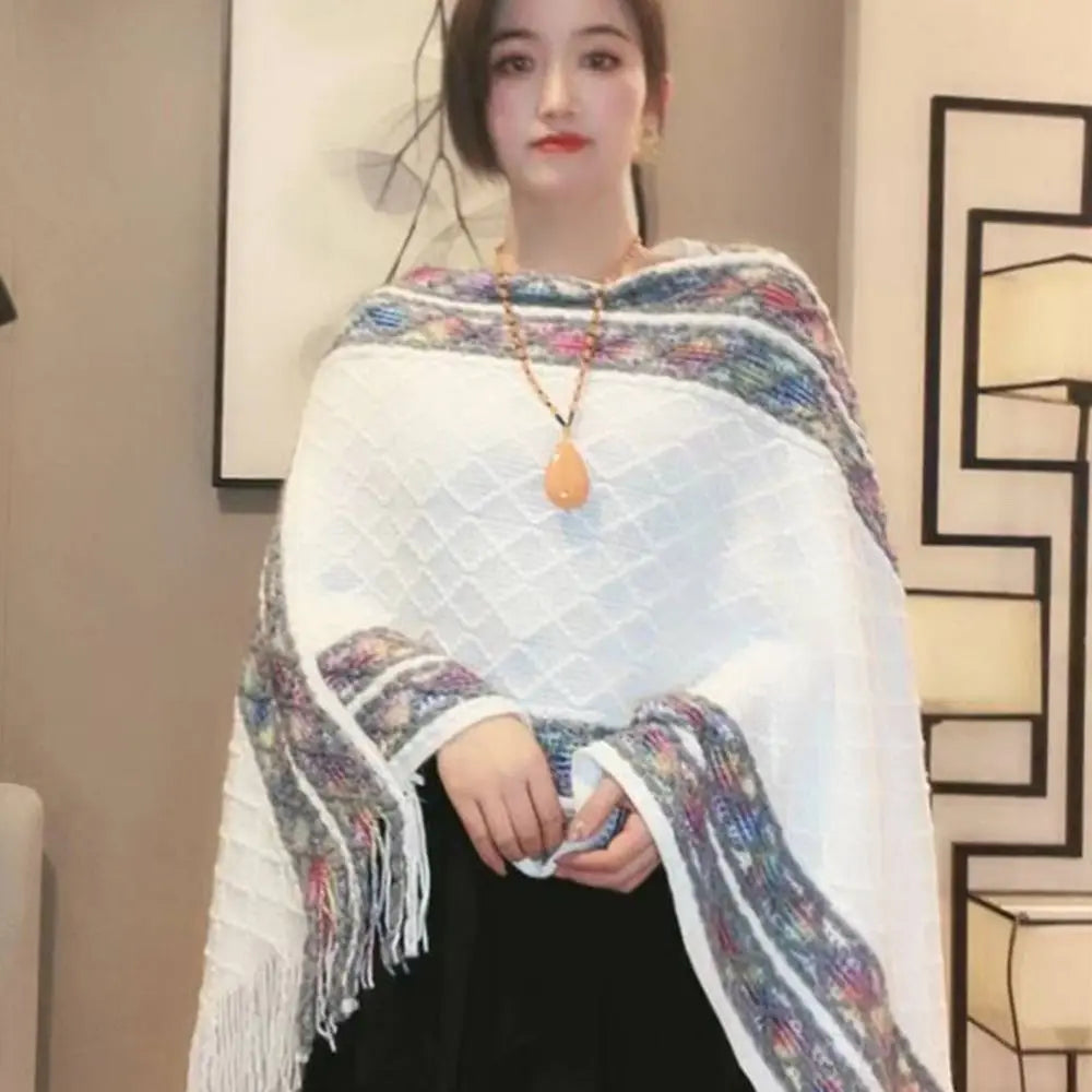 Patterned Fringe Hem Poncho for Layering over Outfits