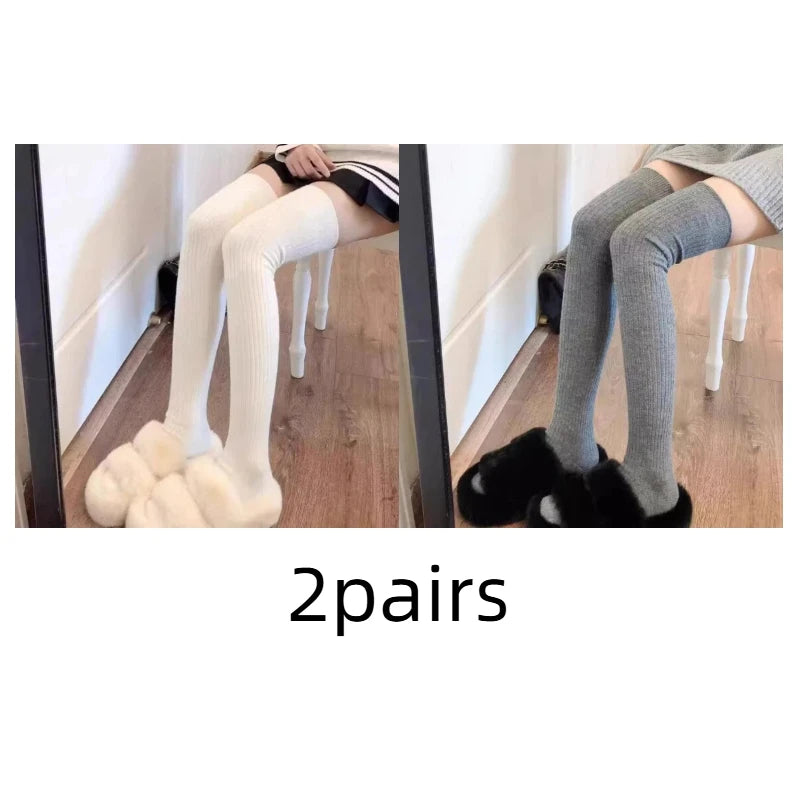 Solid Ribbed Thigh High Socks with Long Footed Shape