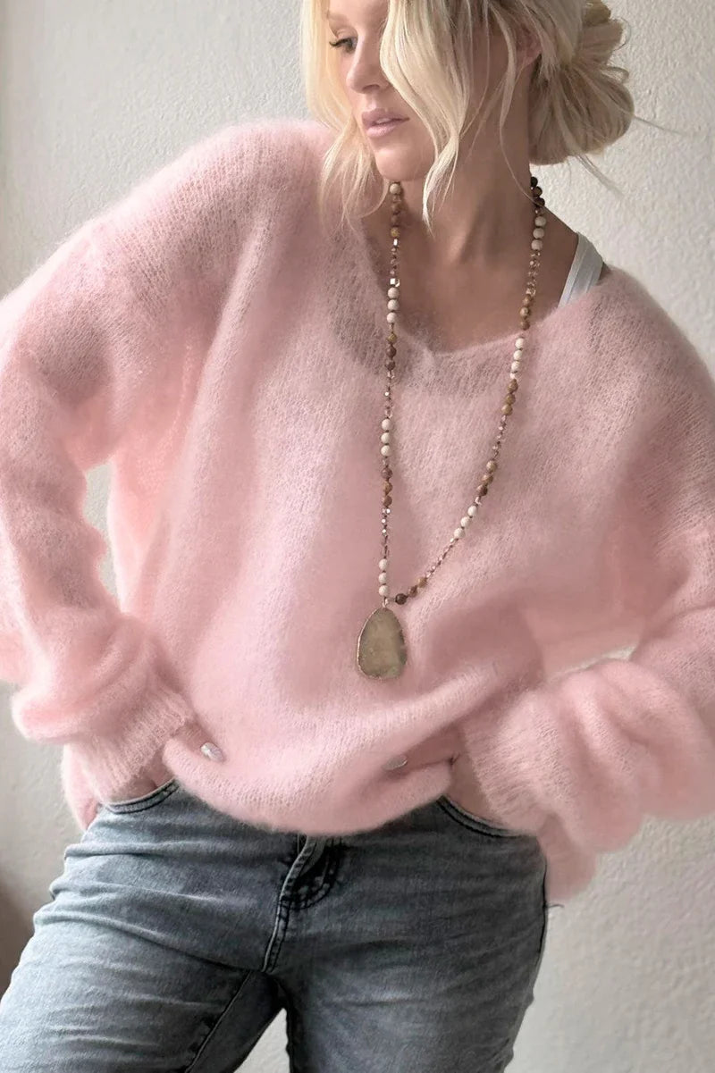 Women's V Neck Loose Fit Sweater Casual Knit Layer