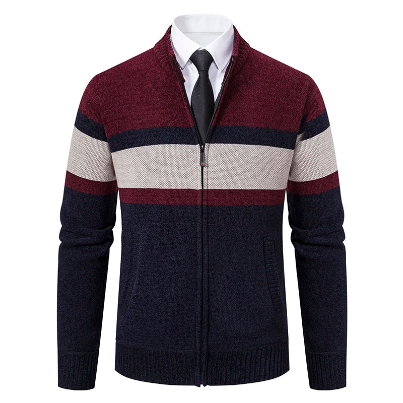 Men's Contrast Stripe Zip Front Knit Cardigan