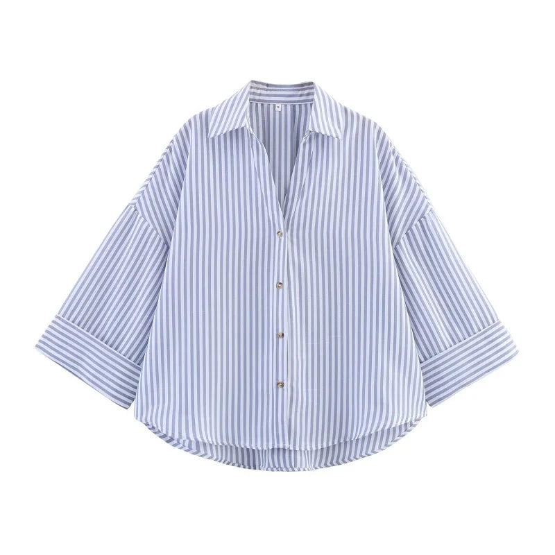Women's Wide Sleeve Striped Button Front Shirt