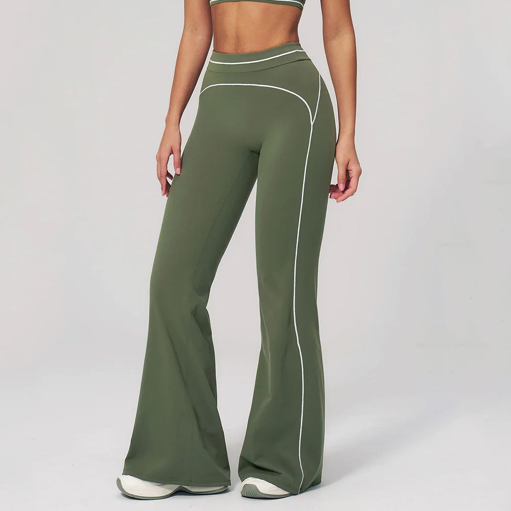 Women's High Waist Flared Workout Pants with Curved Contrast Seam Details
