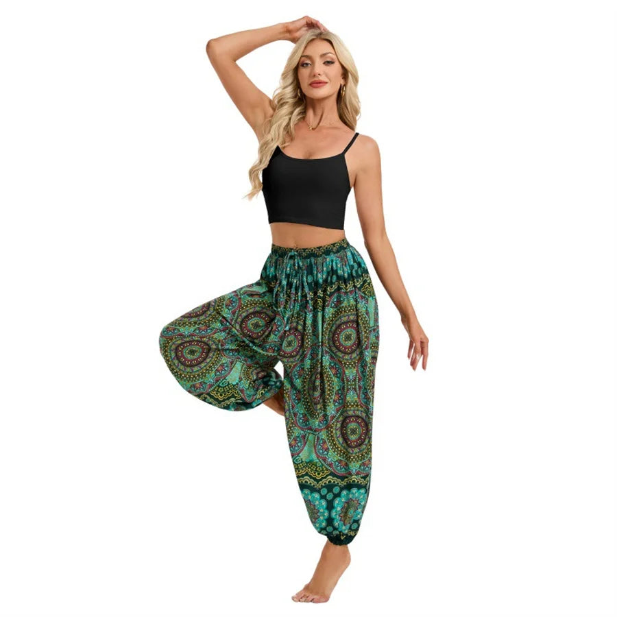 Women's Printed Rayon Harem Pants with Elastic Waist and Loose Gathered Legs