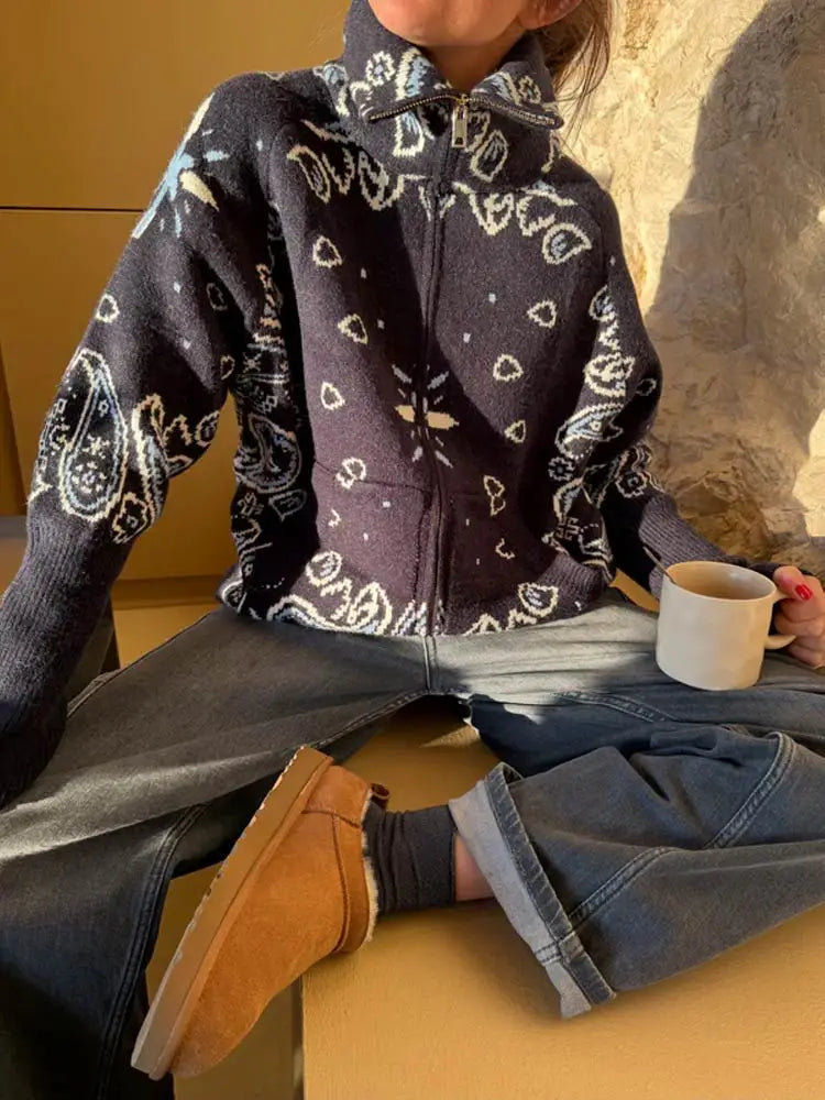 Women's Paisley Stand Collar Zip Front Cardigan Casual Knit Layer