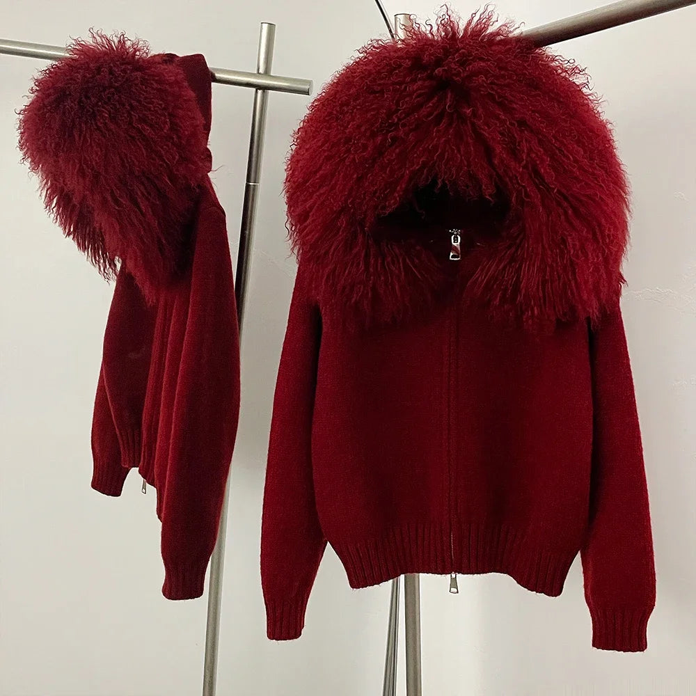 Women's Hooded Zip Front Fluffy Trim Jacket Casual Knit Layer