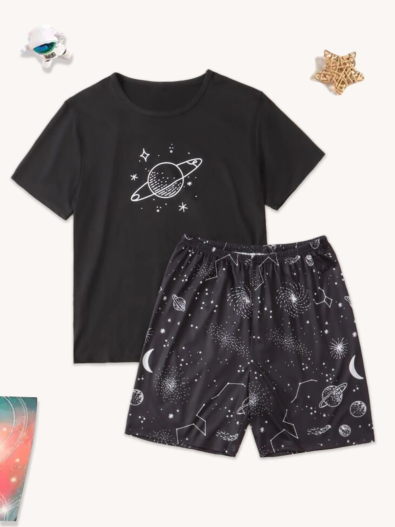 Men's Planet Print T Shirt and Shorts Pajama Set