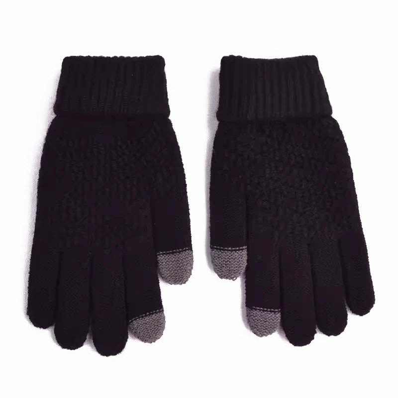 Black Full Finger Knit Gloves with Ribbed Cuffs
