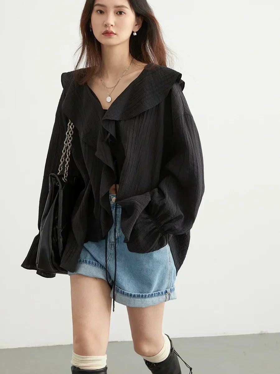 Women's Ruffled V Neck Blouse with Flared Cuffs