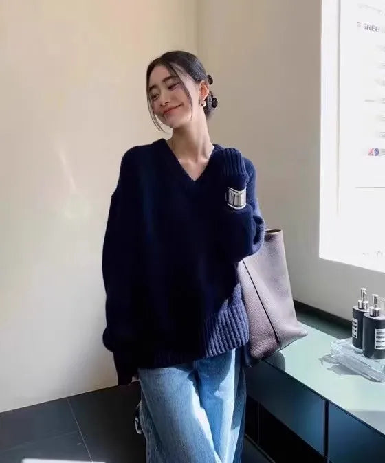 V-neck 100 pure wool sweater for women in autumn and winter, loose and thick sweater, long-sleeved knitted top
