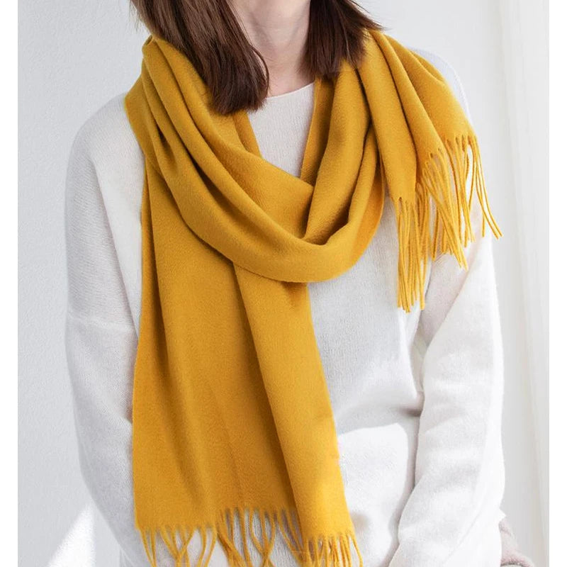 Solid Long Wool Scarf with Decorative Fringed Ends